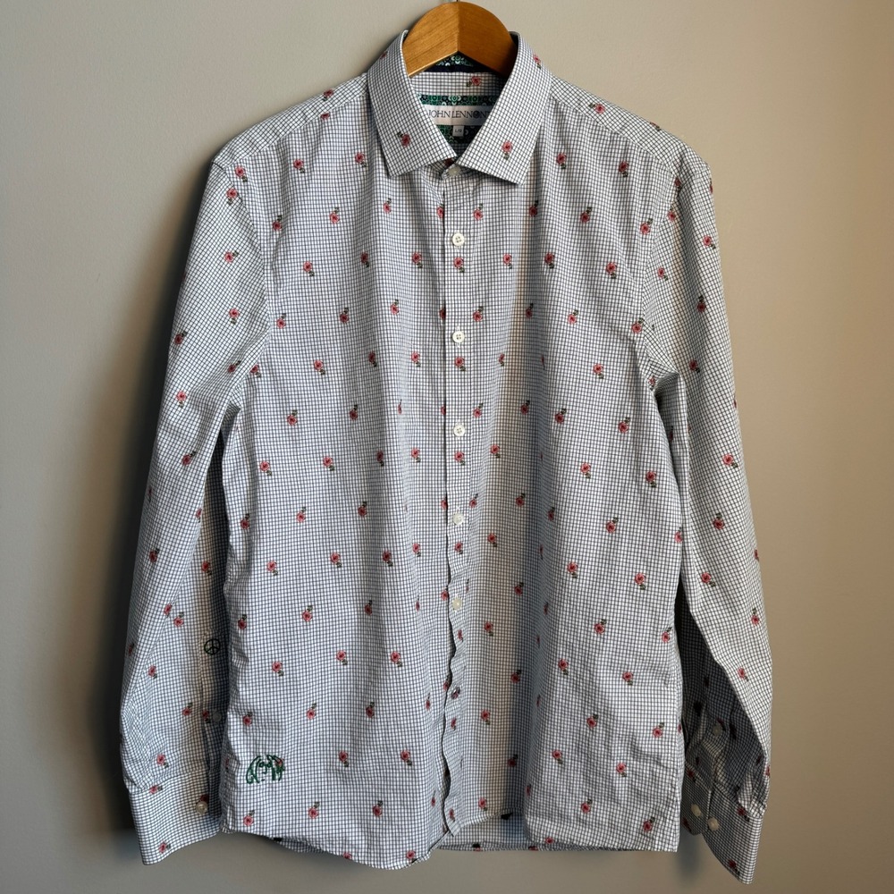 John‎ Lennon Men's Button Down Shirt Gingham Roses Long Sleeve Flip Cuffs Large
